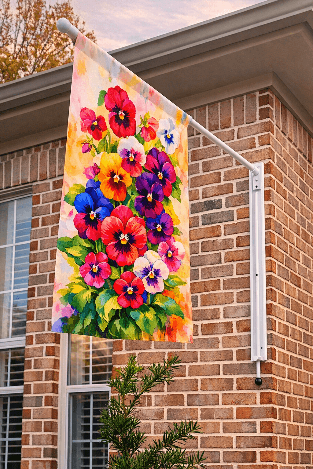 White VersaMAST System displaying colorful pansy garden flag